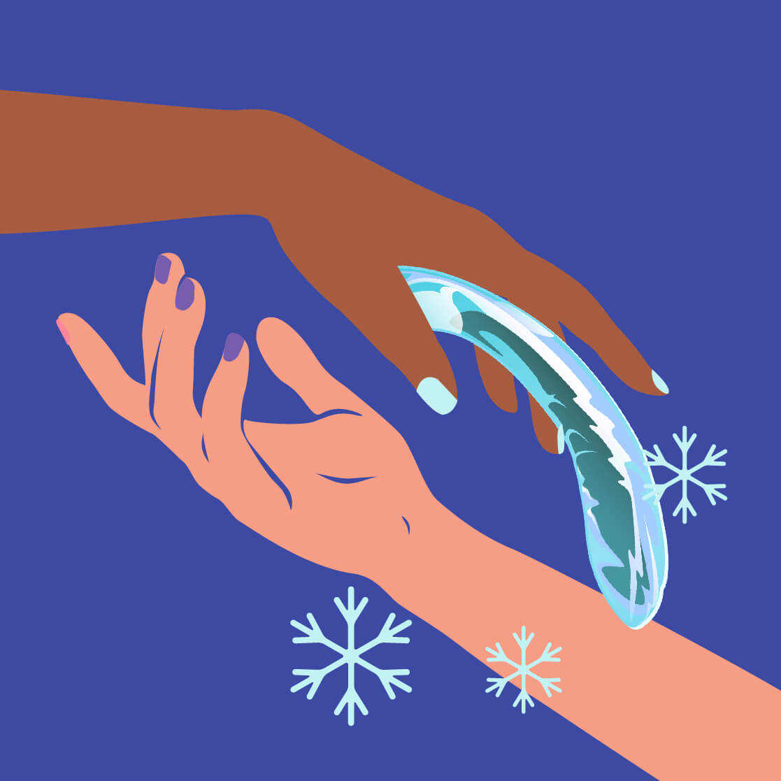 An illustration of two hands cradling the Kalii surrounded by snowflakes — biird's own illustration of cool-temperature play.