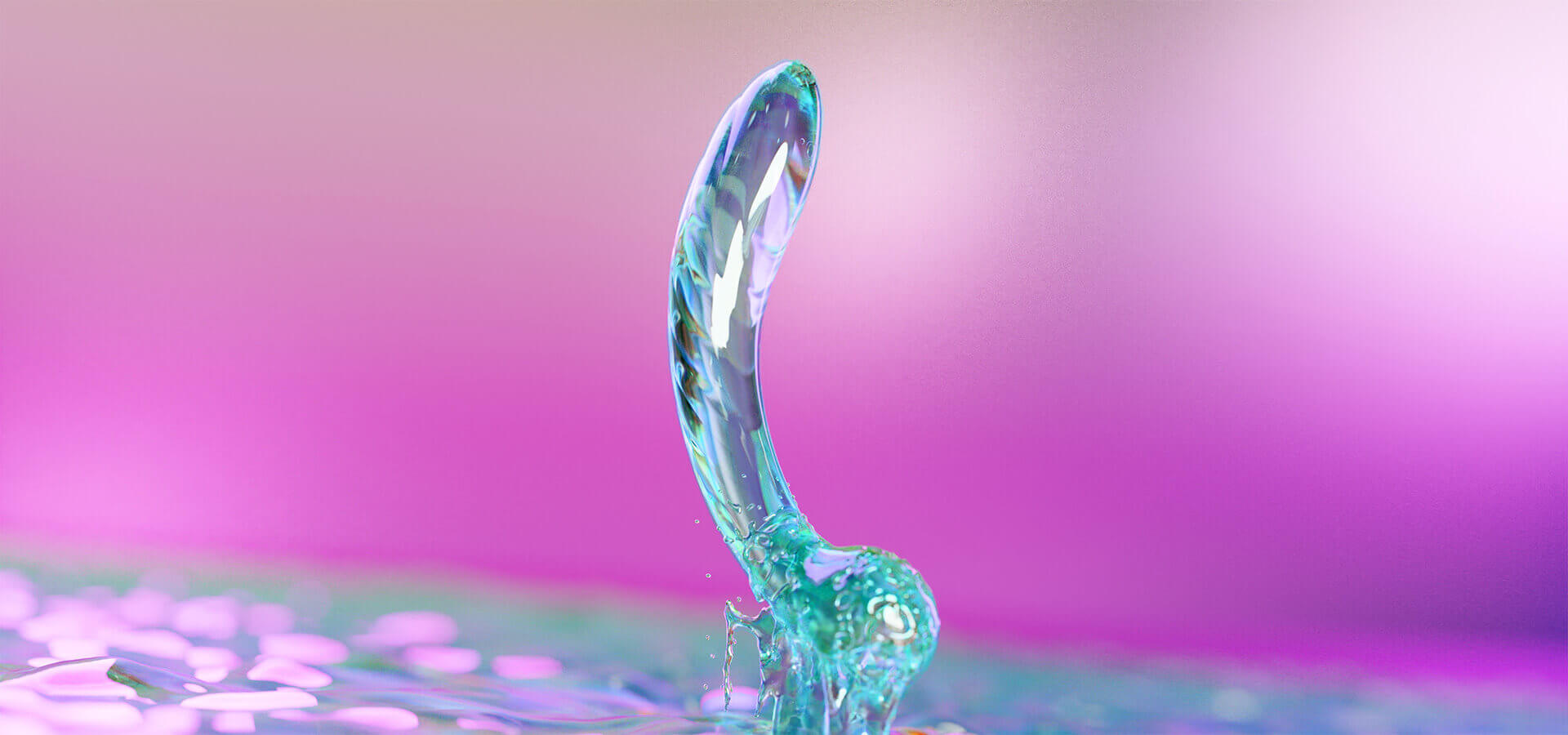 The Kalii emerging from a splash of water against a magenta gradient, refracting light.